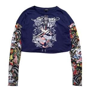 Ed Hardy Skull Tattoo Sleeve Crop T-Shirt Women's Large NWT Skater Y2K